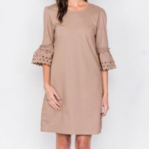 Hidden Alley Taupe 3/4 Sleeve Eyelet Shift Dress